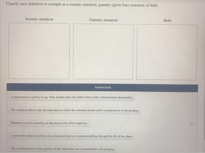 Classify each definition or example as a somatic mutation